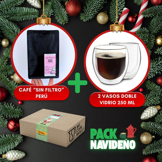 Pack Navideño Café Sin Filtro "Perú" 250 gr + 2 vasos doble vidrio 250 ml