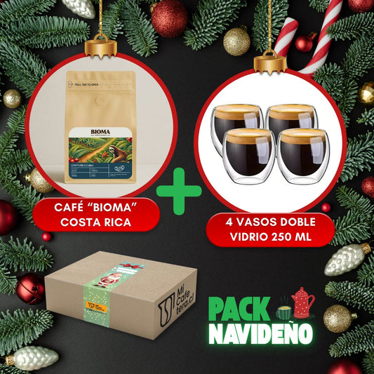 Pack Navideño Café Bioma Costa Rica 250 gr + 4 vasos doble vidrio 250 ml