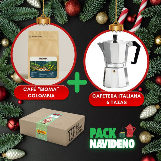 Pack Navideño Café Bioma Colombia  250 gr + Cafetera Italiana 6 tazas