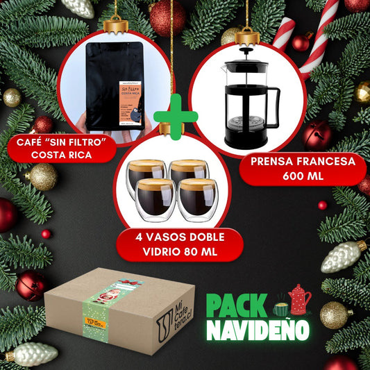 Pack Navideño Café Sin Filtro Costa Rica 250 gr + Prensa Francesa 600 ml+ 4 vasos doble vidrio 80 ml