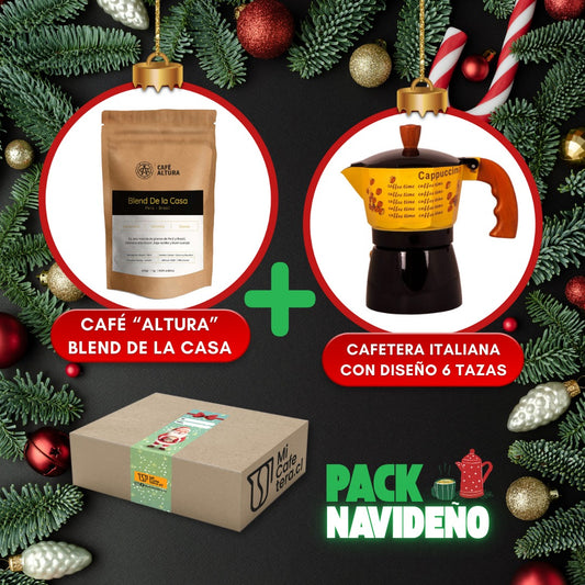 Pack Navideño Café Altura Blend de la Casa 250 gr + Cafetera Italiana Diseño 6 Tazas